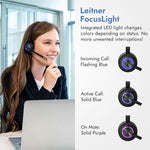Woman using Leitner LH470 wireless USB DECT headset FocusLight activity indicator with computer - product thumbnail