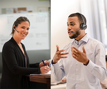 Man and woman wearing Leitner wireless headsets